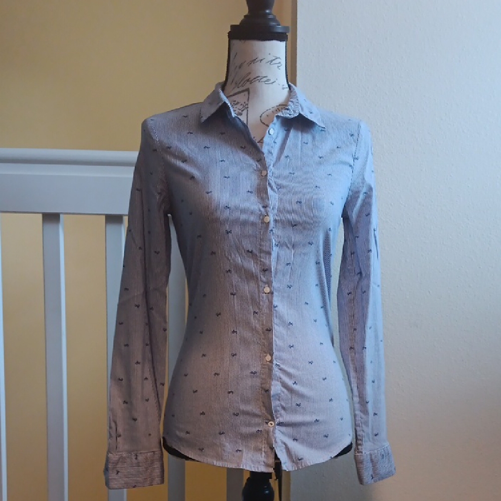Zara Blue and White Striped Shirt With Tiny Bicycles